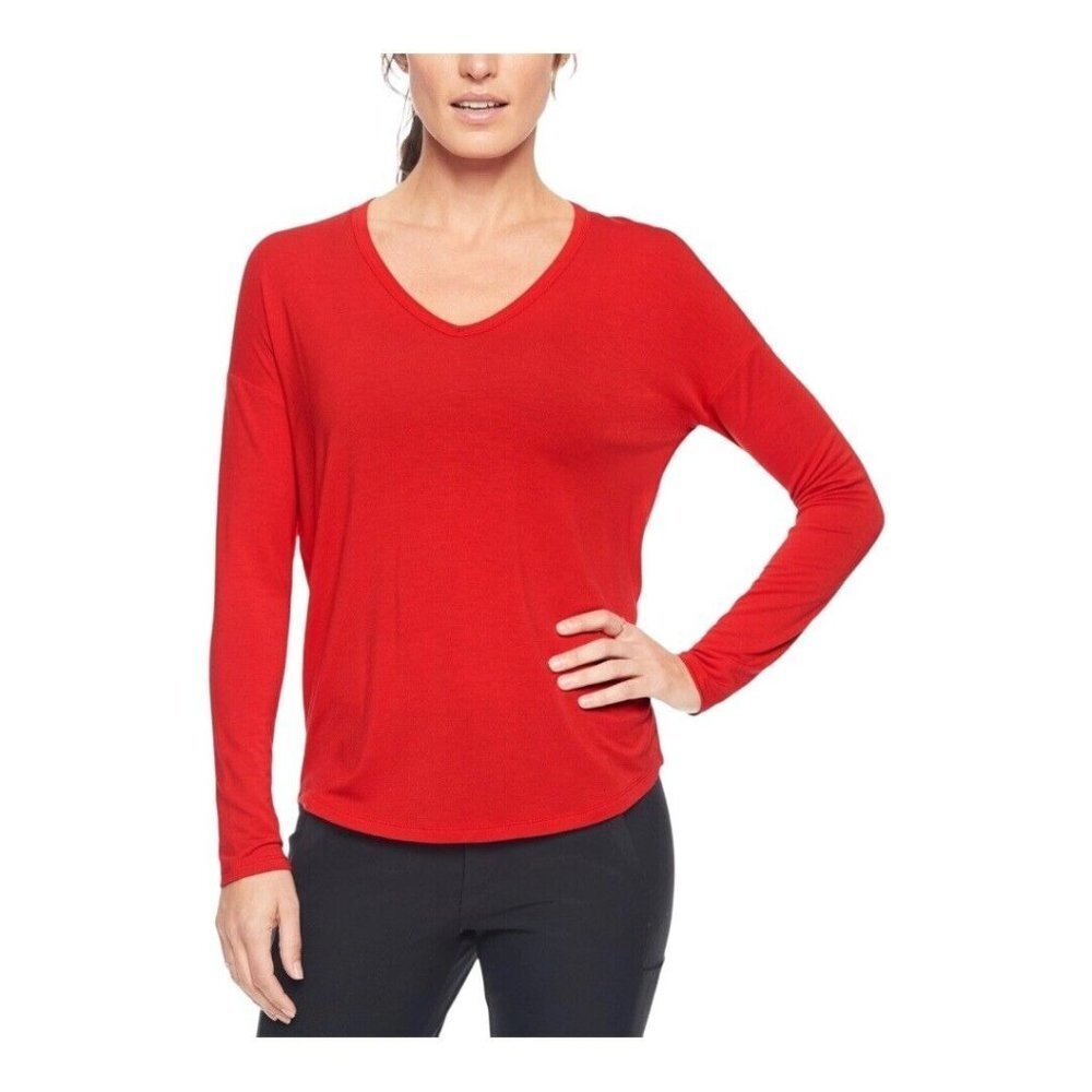 Athleta Cloudlight Relaxed Fit Women Red V-Neck Long Sleeve Top Sz XS Soft Modal